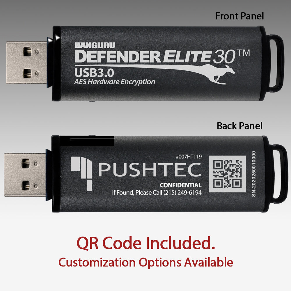Kanguru Defender drives come with a QR Code for identification. Customization is available. Engrave logos, contact information, and other custom elements.