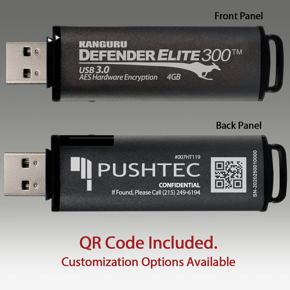 Kanguru Defender drives come with a QR Code for identification. Customization is available. Engrave logos, contact information, and other custom elements.