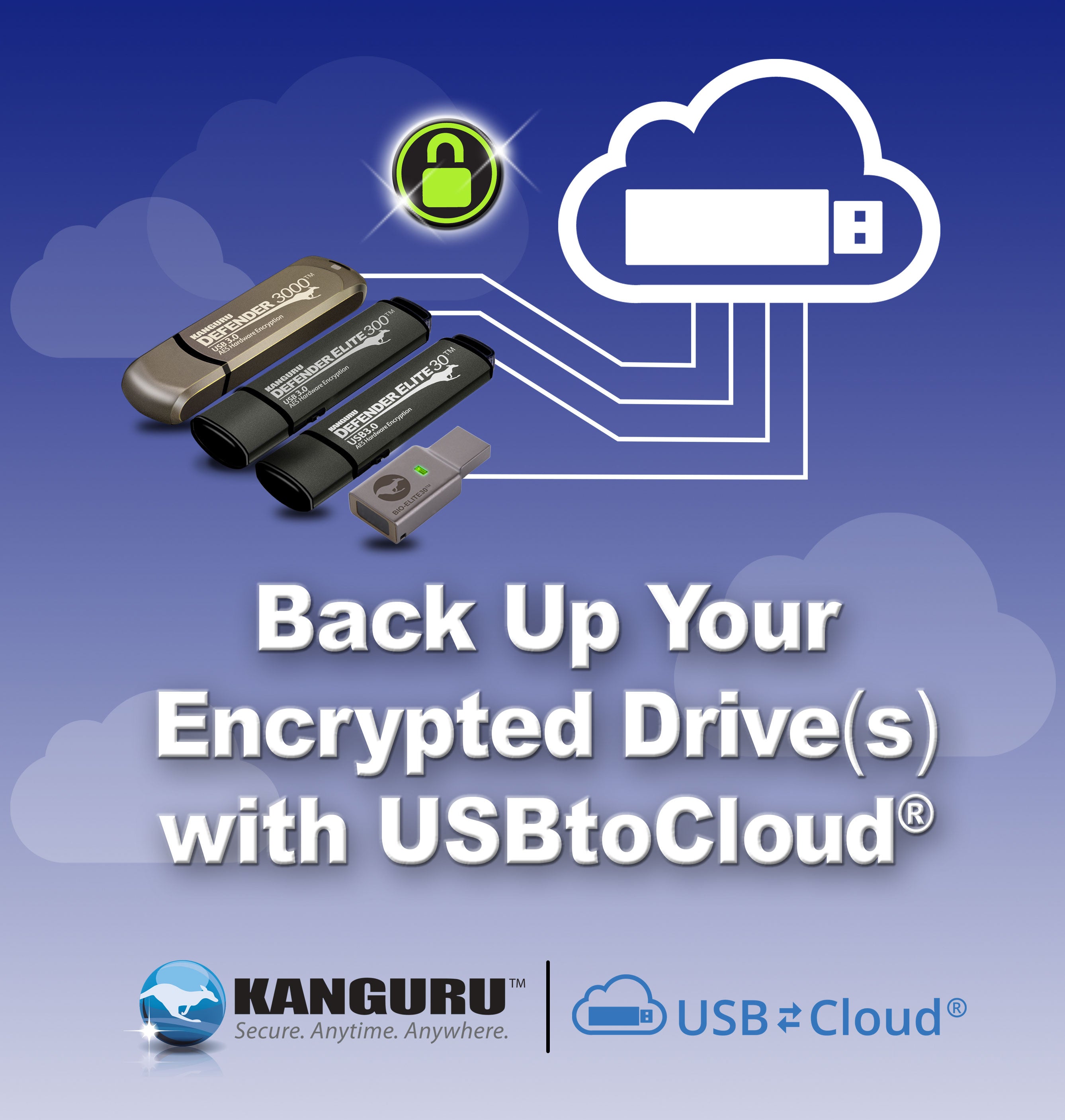 USBtoCloud by ClevX, LLC® gives you the option to automatically back-up your Kanguru Defender drive(s) to a preferred cloud storage provider. Upload data to OneDrive, OneDrive for Business, Amazon S3, Google Drive, Dropbox, Box and others plus NAS via included USBtoCloud software.
