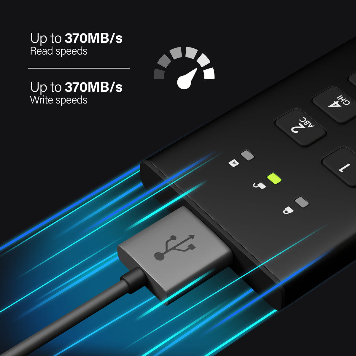 Übertragen Sie Ihre Dateien in Sekundenschnelle mit blitzschnellen, abwärtskompatiblen USB 3.2-Datenübertragungsgeschwindigkeiten.