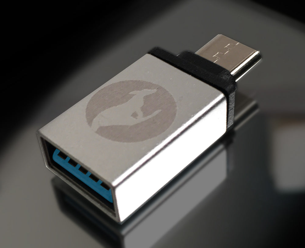 This Kanguru USB 3.0 Type A to USB-C Adapter directly converts a USB 3.0 device so it can be plugged into a USB-C port.