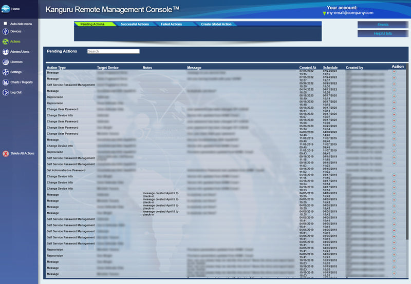  The KRMC Actions page shows pending actions, devices, and many more action item details. Message specific drives, view successful/failed actions, create global actions to all drives, and much more.