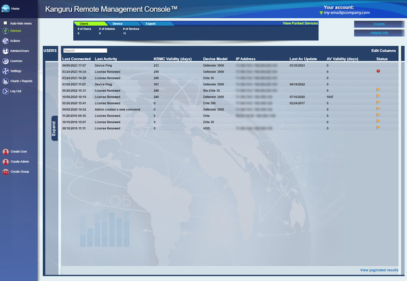 The KRMC Devices page displays details for each Defender encrypted device. View important details, view status, date last connected, make adjustments and enforce security policies.