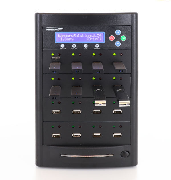 15 Target USB Duplicator with Flash Drives inserted and Menu Front View