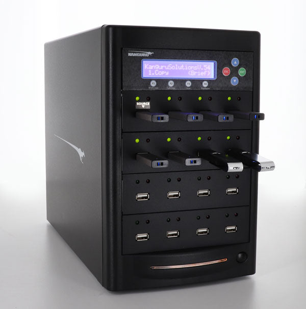 Kanguru 15 Target USB Duplicator with flash drives inserted and menu