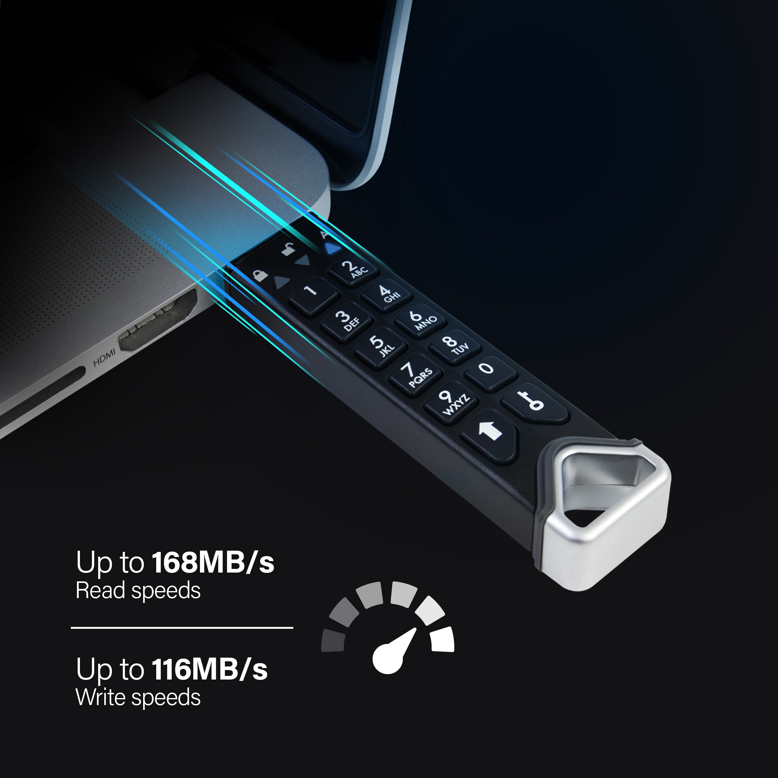 The datAshur PRO2 transfers files in seconds, with up to 168MB/s Read Speed, and up to 128MB/s Write Speeds