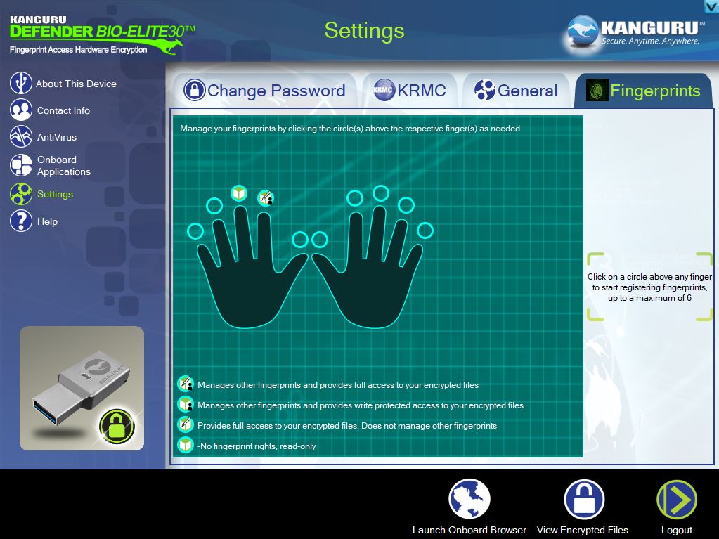 The command console on the Kanguru Defender Bio-Elite30 allows you to authorize and assign other users fingerprint access to the drive