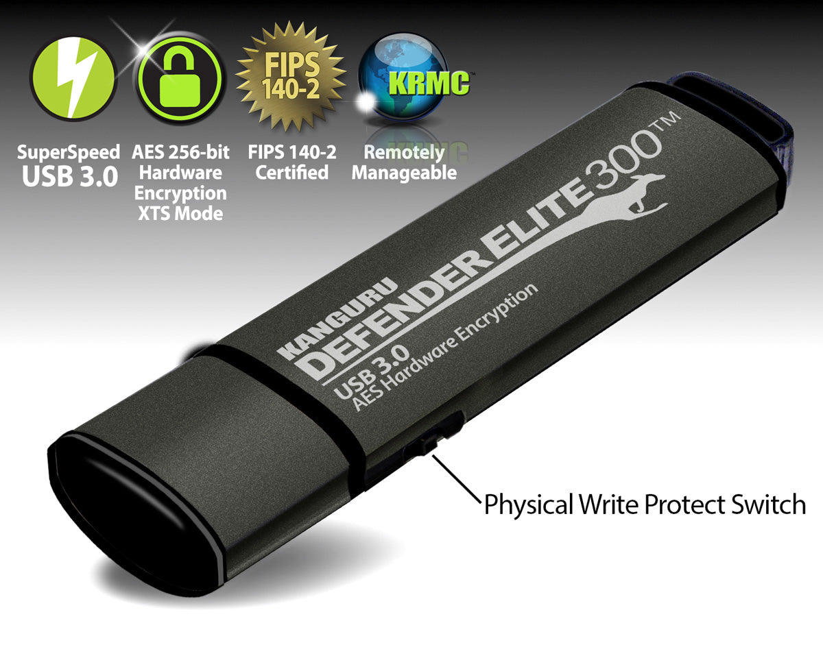 Defender Elite300 hardware encrypted flash drive with physical write protect switch