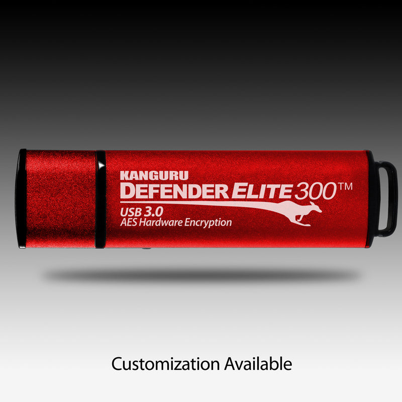 Kanguru Defender Elite300 Secure Flash Drive, FIPS 140-2 Certified with physical write protect switch - customized red