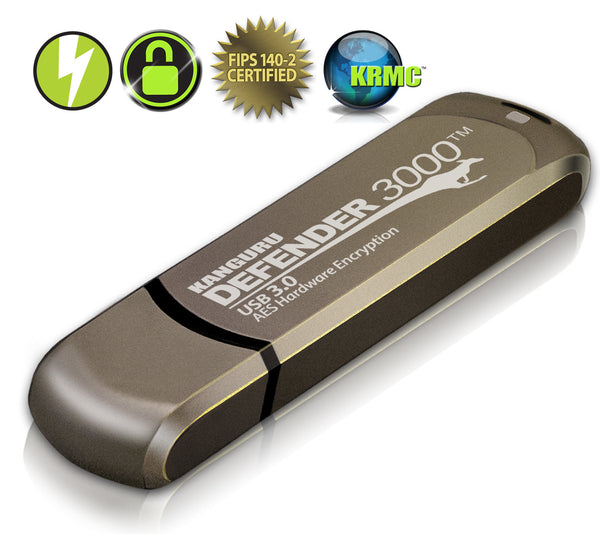 Kanguru Defender 3000 secure, FIPS 140-2 Level 3, SuperSpeed hardware encrypted USB 3.0 flash drive