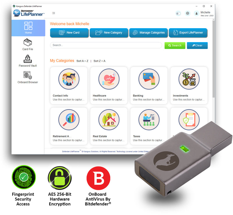 The Kanguru Defender LifePlanner is the best password manager for organizing and securing passwords, usernames, account information and much more.